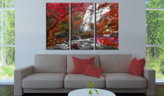 Obraz - Krásný vodopád: Podzimní les