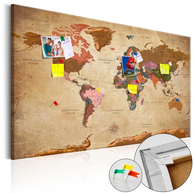 Korková nástěnka - Mapa světa: Hnědá elegance