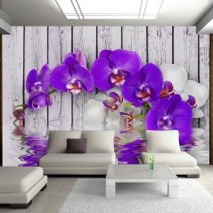 Fototapeta - Fialové květy na dřevě
