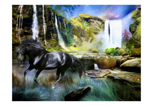 Fototapeta - Kůň na pozadí nebe-modrý vodopád