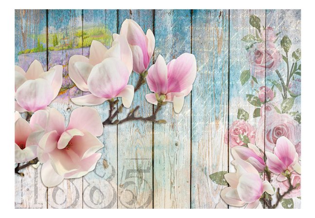Fototapeta - Růžové květiny na dřevě